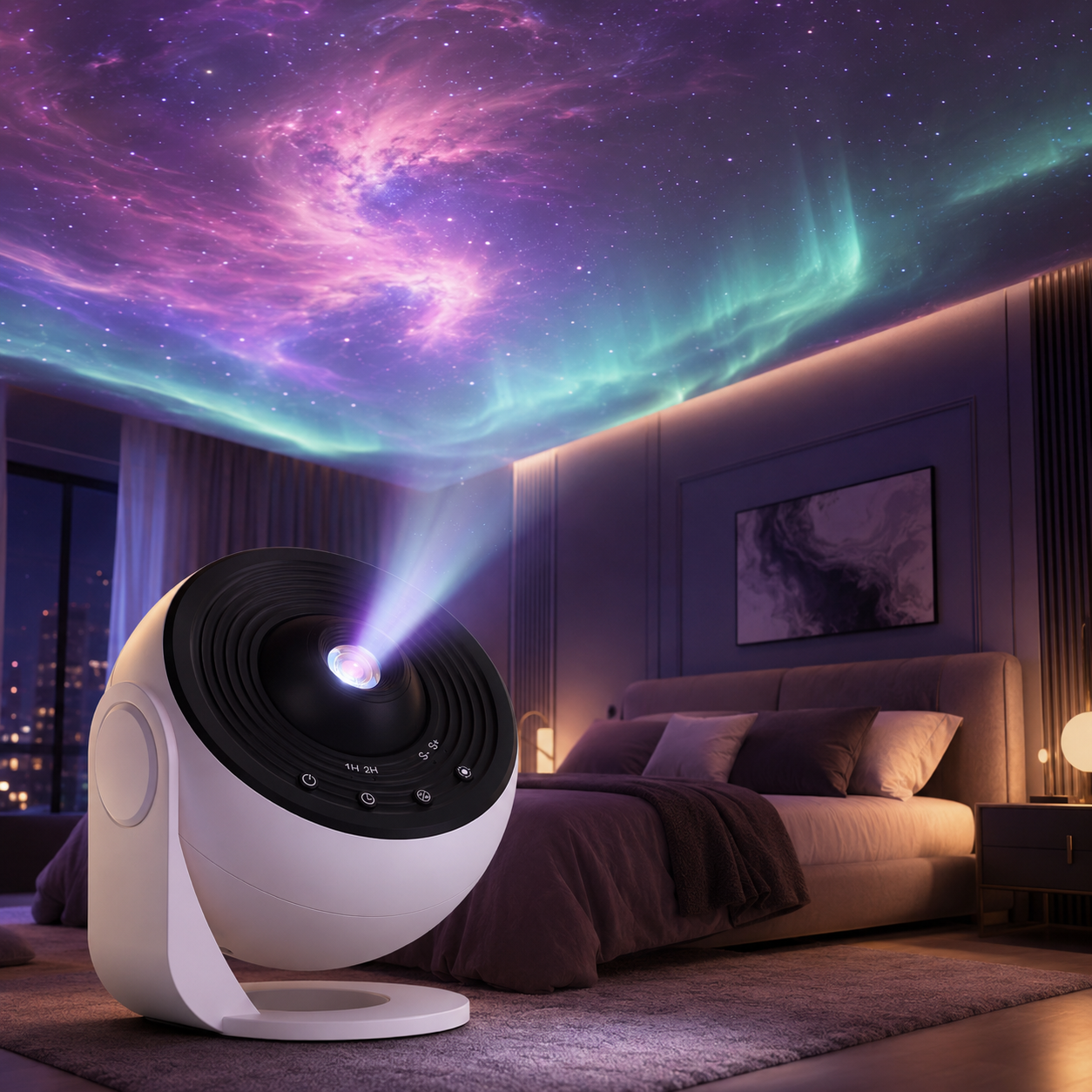 VesperaGlow projector creating a galaxy atmosphere in a modern bedroom