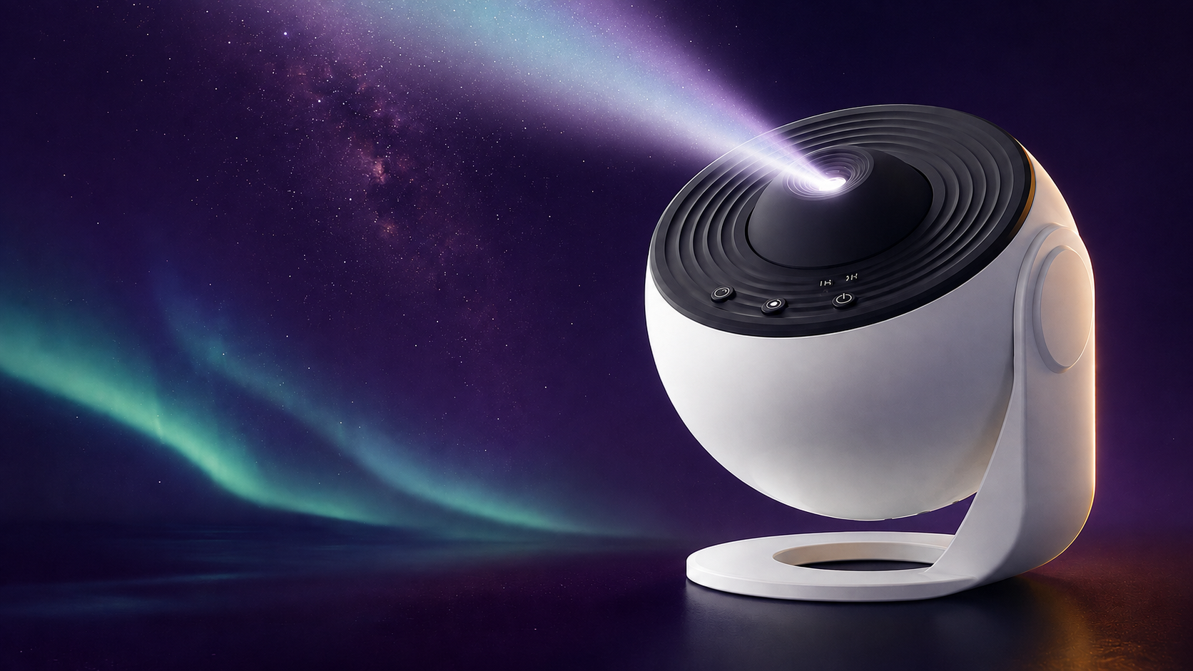 VesperaGlow Planetarium-Projektor mit sanftem Lichtstrahl unter einem Galaxienhimmel