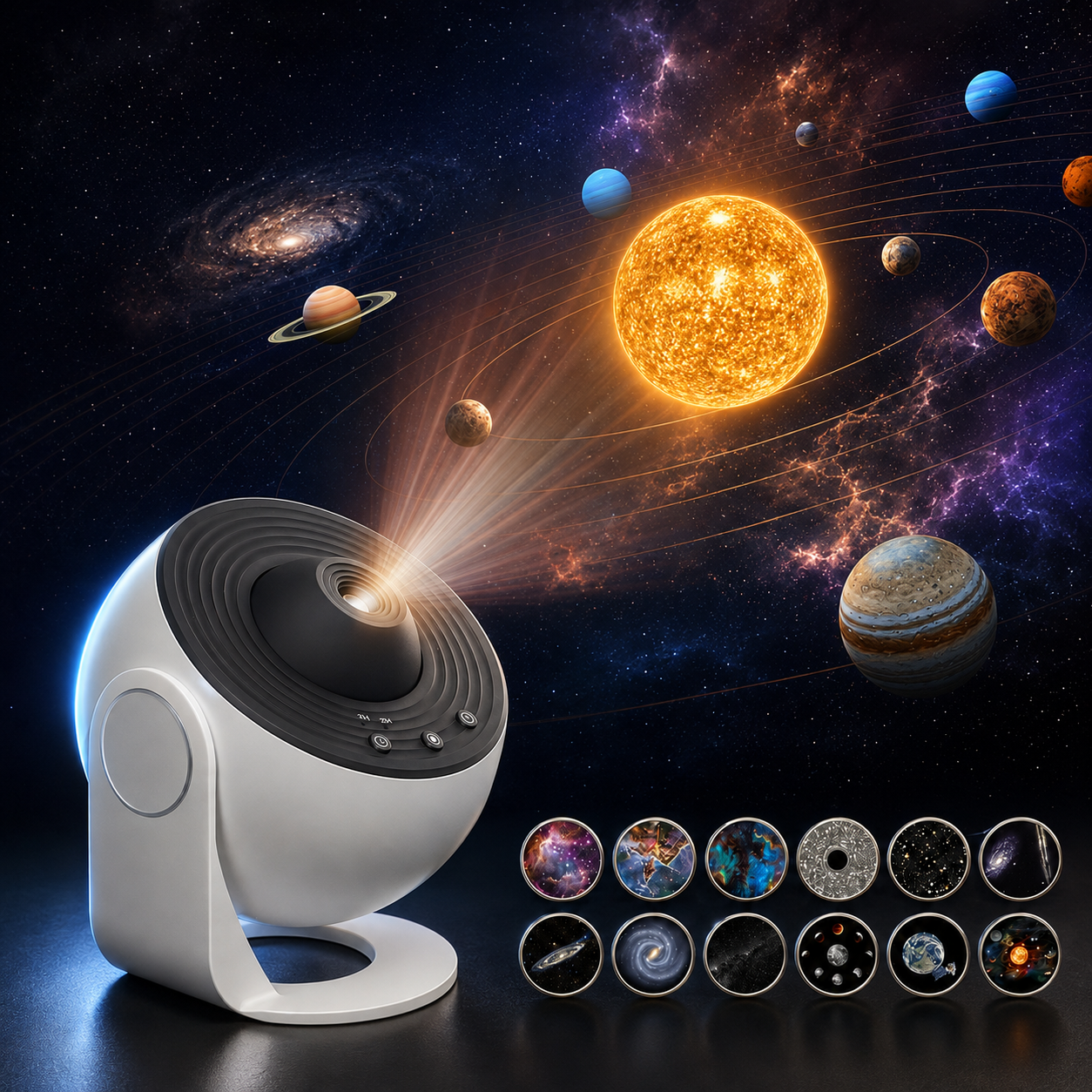 Dreidimensionale Sonnensystemszene, projiziert vom VesperaGlow Projektor